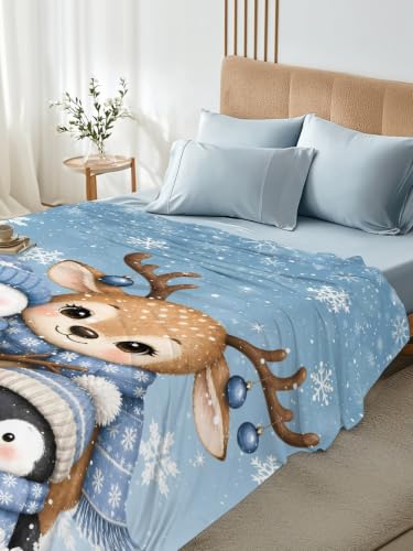 Misty Blue King Size Flat Sheet Christmas Snowman Deer Penguin Bedding Winter Snowflake