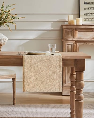 Burlap Style Farmhouse Table Runner - 14x90 Inches, Warm Beige & Brown