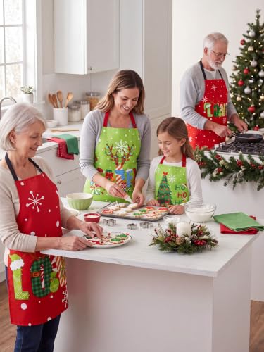 Christmas Aprons Set - Snowy Red with Pockets, 6 Pack