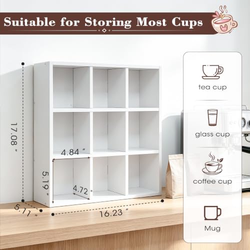 White 9-Grid Coffee Mug Wall Display Rack, Floating Organizer Shelf