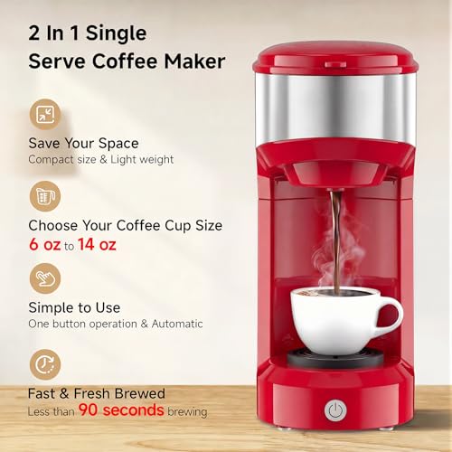 Red Single Serve Coffee Maker with K Cup & Ground Coffee Options - Compact & Fast Brewing