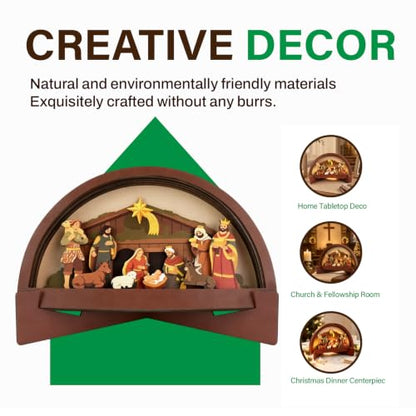 Wooden Nativity Scene with LED Light, Christmas Decoration for Home & Church