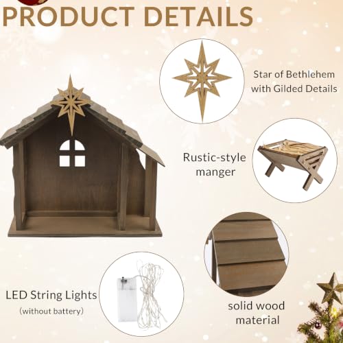 Wooden Nativity Scene Stable with Star & Lights - Christmas Decor 12"