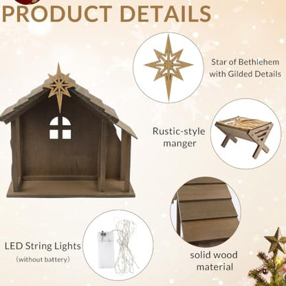 Wooden Nativity Scene Stable with Star & Lights - Christmas Decor 12"