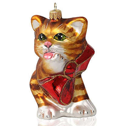 Hand Blown Glass Christmas Cat Ornament with Red Bow - Holiday Decor