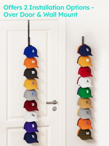 HapiRm Black Hat Organizer for Baseball Caps - Over Door Metal Rack Holds 18+