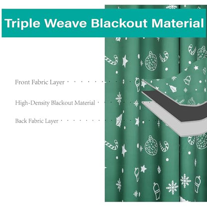 Green Xmas Curtains 52x84 Inches Pack of 2 Snowflakes & Stars Printed Blackout Window Drapes