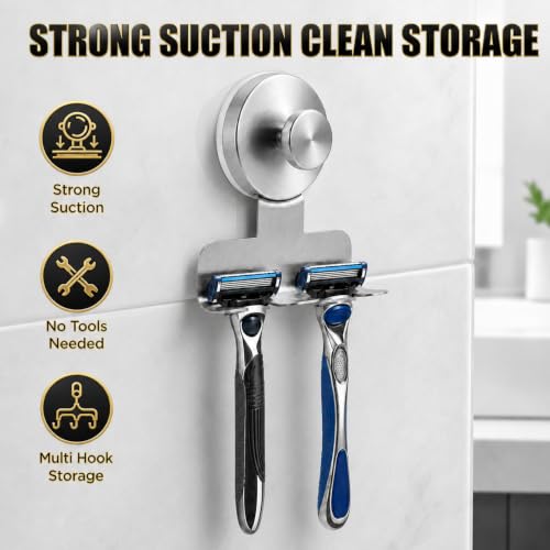 Heavy-Duty Shower Razor Holder Suction Cup Hooks - Brushed Silver, 2 Pack