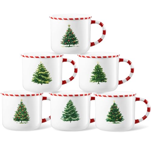 Vesici 6 Pack Christmas Mugs with Candy Cane Handle and Christmas Tree Pattern - 10 oz