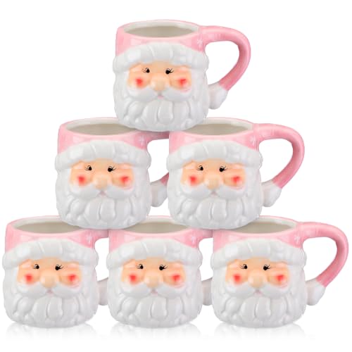 Pink Santa Coffee Mugs Set of 6 - 16 oz Ceramic Christmas Cups with Holiday Design