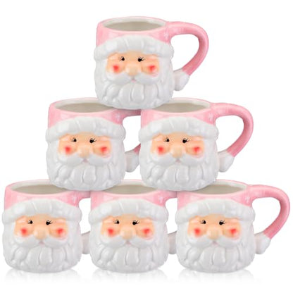 Pink Santa Coffee Mugs Set of 6 - 16 oz Ceramic Christmas Cups with Holiday Design