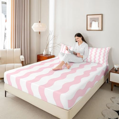 Queen Size Kids Fitted Sheet Set with Deep Pockets - White Pink, 3 Pieces