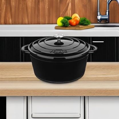 Velaze 7.5 QT Dutch Oven - Enameled Cast Iron Pot with Dual Handles for Sourdough Baking | Black