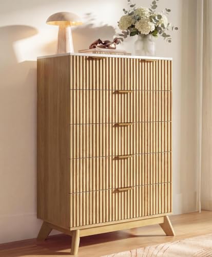 JUMMICO Fluted Tall Dresser - 6-Drawer Chest, 31.5" Wide, Natural