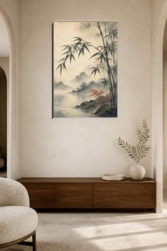 Japanese Landscape Canvas Wall Art - Bamboo Leaves Bending In A Light 16 x 24 in USUC-135