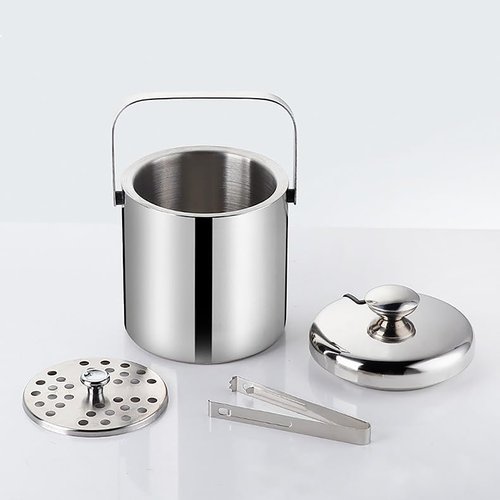 Double-Wall Stainless Steel Wine Ice Buckets with Lid,Tong&Strainer, for Cocktail Bar,Parties Chilling Beer Champagne,Keep Ice Frozen Longer for Outdoor or Indoor,Picnic (1.3L)