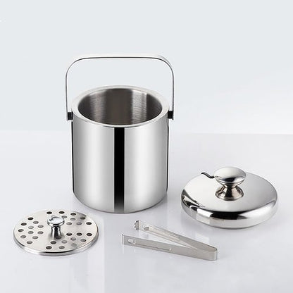 Double-Wall Stainless Steel Wine Ice Buckets with Lid,Tong&Strainer, for Cocktail Bar,Parties Chilling Beer Champagne,Keep Ice Frozen Longer for Outdoor or Indoor,Picnic (1.3L)