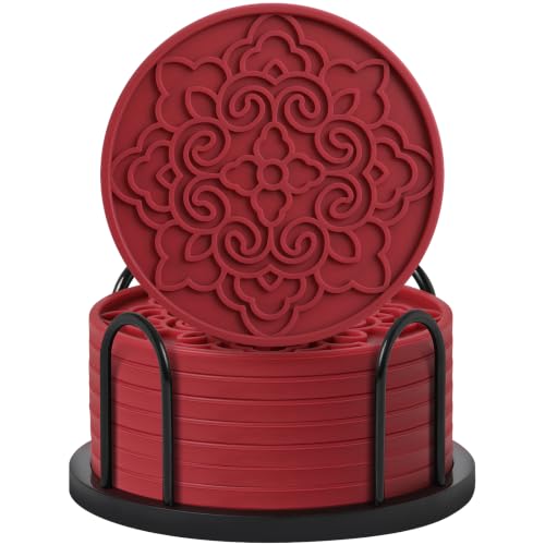 8 Pack Silicone Coasters Set with Holder - Wine Red, Non-Slip, Heat & Water-Resistant