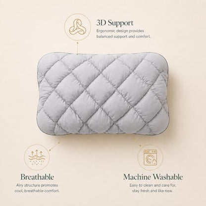 Grey Japanese Plof Pillow - Breathable Quilted Grid Bed Pillow with Neck Support
