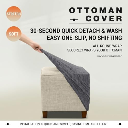 Elastic Stretch Jacquard Ottoman Cover Black - Anti Slip, Washable, Adjustable Square Storage Footstool Slipcover for 13-18 Inch Cube Ottomans
