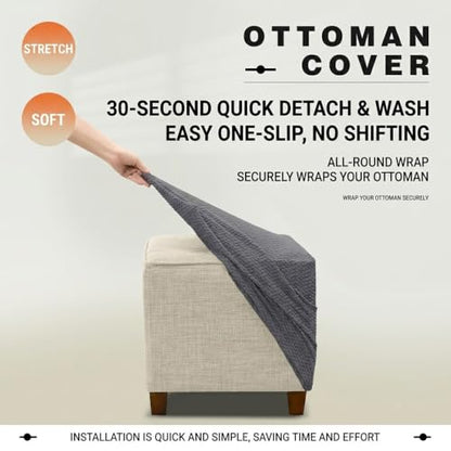 Elastic Stretch Jacquard Ottoman Cover Black - Anti Slip, Washable, Adjustable Square Storage Footstool Slipcover for 13-18 Inch Cube Ottomans