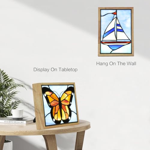 Tiffany Style Nautical Sailboat Photo Frame Lamp Night Light - Blue Sea Design, USB Powered, 3 Lighting Modes, Dimming