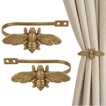 Bee Curtain Holdbacks Antique Brass Metal Hooks for Window Decor - Set of 2