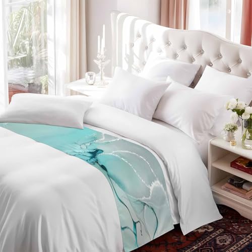 Twin Bed Aqua Marble Bed Runner - Decorative Fluid Art Bed Scarf 71x20in - CosyBright
