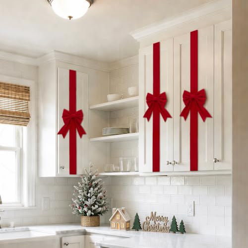 Red Velvet Christmas Cabinet Bows - Adjustable 6 Pack Holiday Decor