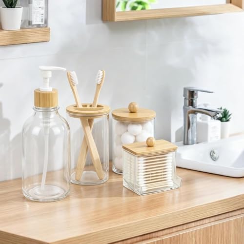 Bamboo Bathroom Accessories Set 4 Pieces with Soap Dispenser Toothbrush Holder and Qtip Container