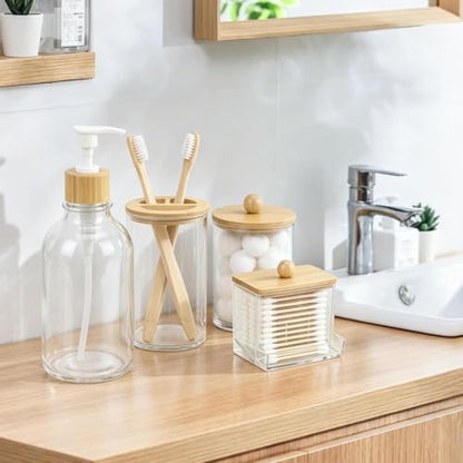 Bamboo Bathroom Accessories Set 4 Pieces with Soap Dispenser Toothbrush Holder and Qtip Container