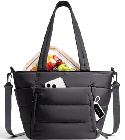 Puffy Insulated Lunch Tote Bag for Women with Multiple Pockets - Black
