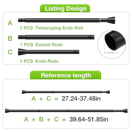 Adjustable Tension Curtain Rod 28-48 Inch Black Stainless Steel No Drill