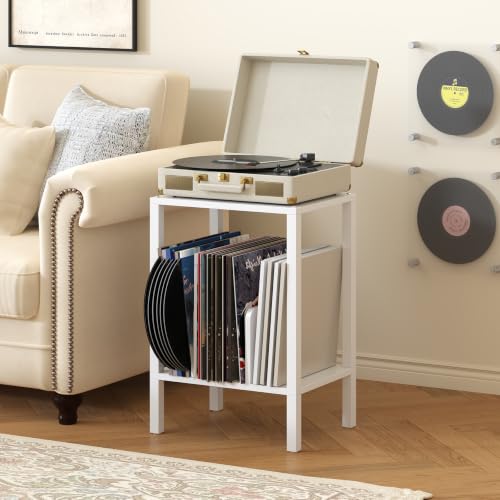White 2-Tier Record Player Stand with Vinyl Storage - Multi-Functional Side Table