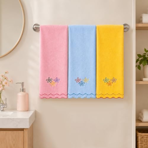 Cartoon Cotton Hand Towels Set - Embroidered Floral Scalloped Edge Bathroom Kitchen Decor
