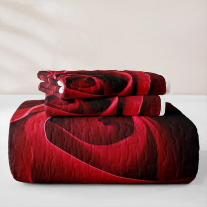 Red Black Queen Quilt Set with Rose Print & Pillowcases - Romantic Flower Bedding