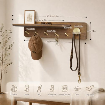 Wall Mount Coat Rack with Shelf and Brass Hooks - Solid Wood Entryway Organizer