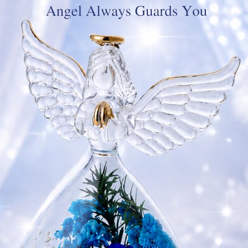 Blue Preserved Rose in Angel Glass Dome with LED Light - Gift for Mom