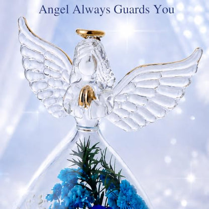 Blue Preserved Rose in Angel Glass Dome with LED Light - Gift for Mom