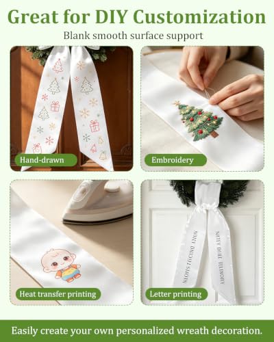 White Wreath Sash 4pcs - Embroidery Blank Satin Wreath Wrap for Front Door Decor