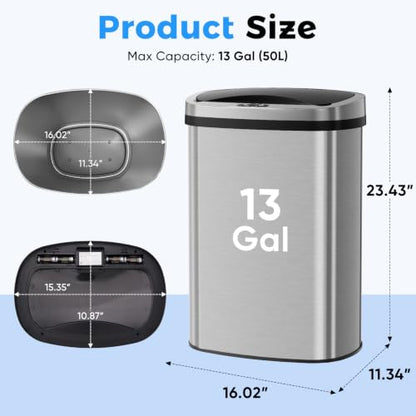 Touchless Stainless Steel Trash Can 13 Gallon - Silver / 50L