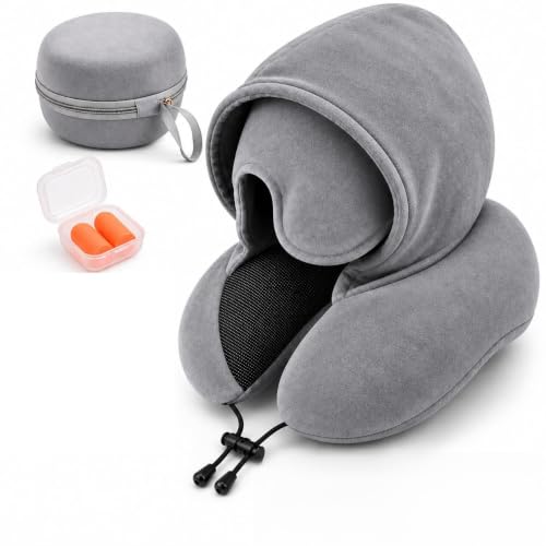 Gray Travel Neck Pillow with Hood and Eye Mask - Memory Foam Support