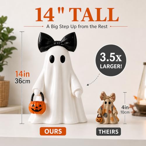 Large Lighted Ghost Figurine with Pumpkin Lantern & Remote Timer - White, 14 Inch - Variation: Ghost with Pumpkin-White