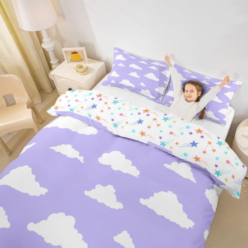Full Size Cloud Duvet Cover Set with Pillowcases - Purple & White Cartoon Clouds, Kids Bed Bedding, No Comforter, Variation: White & Purple