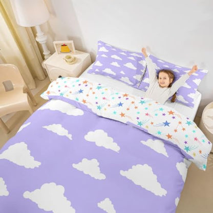 Full Size Cloud Duvet Cover Set with Pillowcases - Purple & White Cartoon Clouds, Kids Bed Bedding, No Comforter, Variation: White & Purple