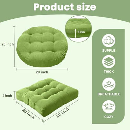 Green Large Round and Square Floor Cushion Set of 2 - Meditation & Lounge Pillows