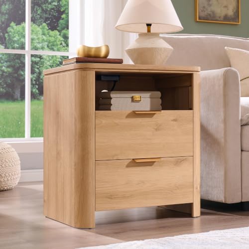 24" Tall Nightstand with Charging Station - 2 Drawers + Open Shelf, Natural (22" W x 15" D x 24" H)