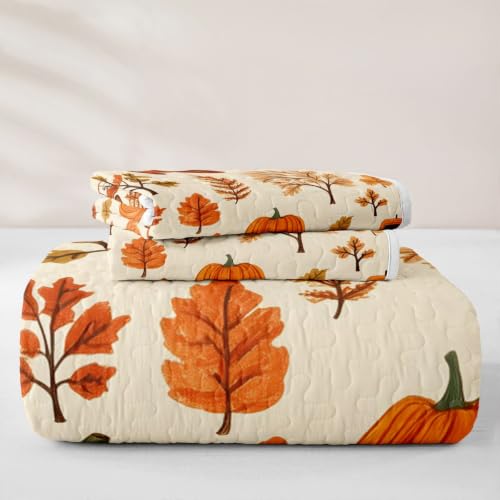 Castle Fairy Autumn Pumpkin Quilt Set Full Size with Pillow Shams - Orange Beige