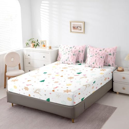 Pink Christmas Comforter Set Queen Size Kids Holiday Bed in a Bag with Variation Green Pink
