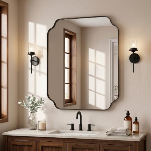 Black Scalloped Bathroom Mirror 36in x 30in Wall-Mounted Vanity Mirror